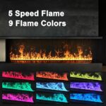 Modern electric fireplace with 5 flame speeds and 9 flame color options including red, orange, green, blue, purple, and more, displayed in a sleek black wall unit.