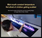 Child playing near an electric fireplace heater with LED flame, designed to prevent burns and ensure safety during play.