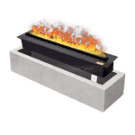 Electric fireplace with a glowing fire, featuring LED lights and a modern design, suitable for indoor decoration.