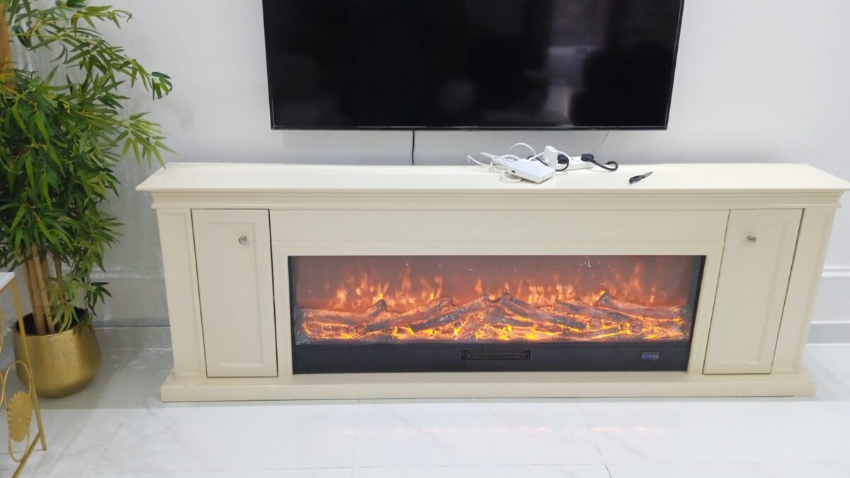 I-Power LuxFlame Fireplace TV Stand with Storage Cabinets – Modern Electric Heater Console | White