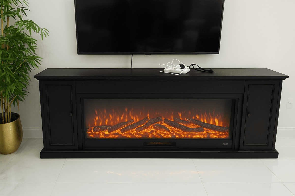 I-Power LuxFlame Fireplace TV Stand with Storage Cabinets – Modern Electric Heater Console Black