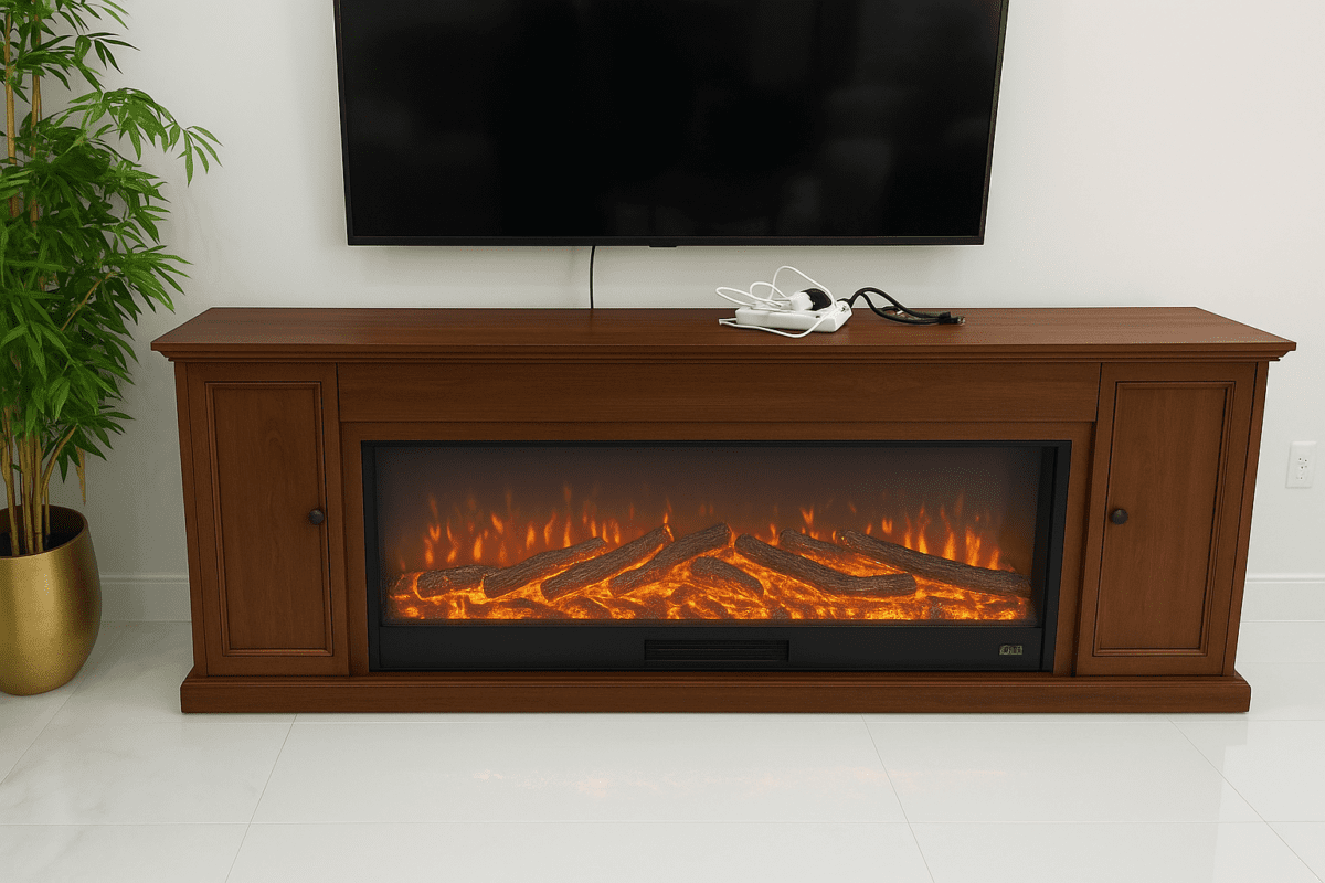 I-Power LuxFlame Fireplace TV Stand with Storage Cabinets – Modern Electric Heater Console Brown