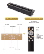 Image of an electric fireplace heater with LED flame, accompanied by a remote control for easy operation.
