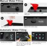 Instructions for filling the water dispenser, including step-by-step visuals and labeled diagrams for clarity.