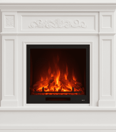 RegalGlow Electric Fireplace in Soft White – Timeless mantel design with lifelike LED flames, space heater, and remote for cozy home ambiance.