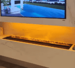 TV mounted on a wall above an electric fireplace heater with LED flame, creating a cozy and modern living space ambiance.