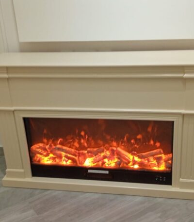 Off-White Electric Fireplace TV Console with realistic LED flame effect – Stylish and functional heating solution for UAE homes.