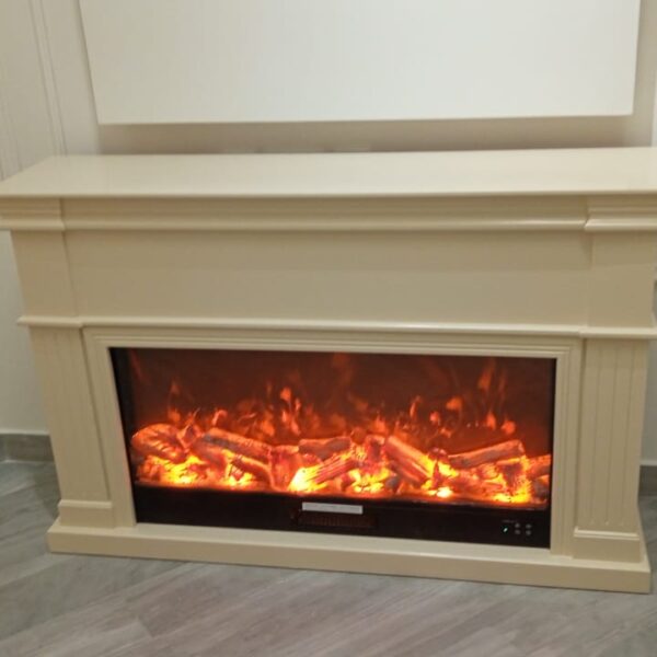 Off-White Electric Fireplace TV Console with realistic LED flame effect – Stylish and functional heating solution for UAE homes.