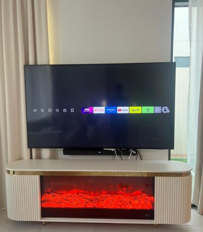 White and gold electric fireplace TV console with LED flame display and heater design 4