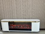 White and gold electric fireplace TV console with LED flame display and heater design 4