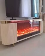 White and gold electric fireplace TV console with LED flame display and heater design 1